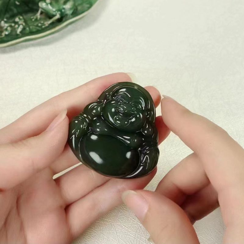 温润斋天然新疆和田玉青海料湖水绿玉石笑佛挂件玉器弥勒佛吊坠